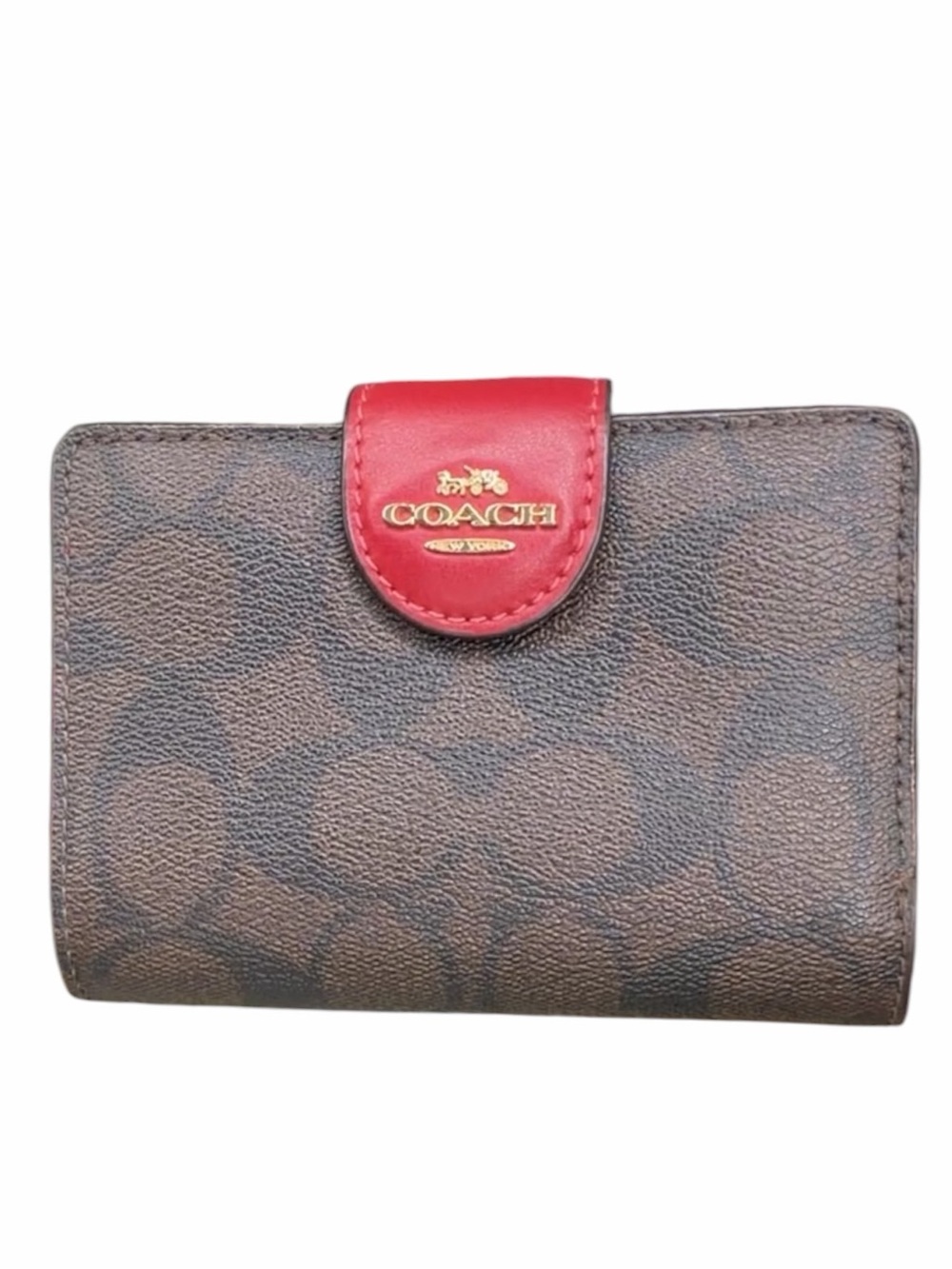 Coach Signature Medium Corner Zip Wallet Brown Canvas Red Leather Trim Gold Tone